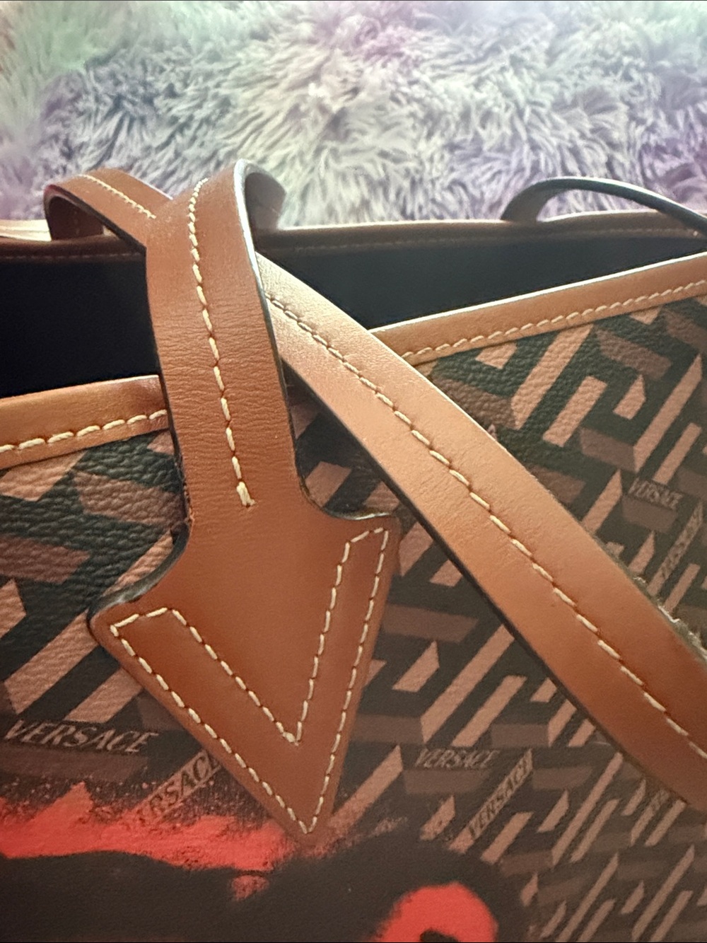 Versace Brown Tote with Neon Red Logo and Lime Accents - Picture 6 of 14